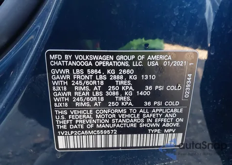 2021 Volkswagen Atlas 2.0T Se from USA, damaged, VIN 1V2LP2CA5MC559572